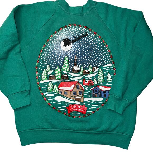 Vintage Fruit of the Loom Green Christmas Tis the Season santa sweatshirt size m - Picture 1 of 6